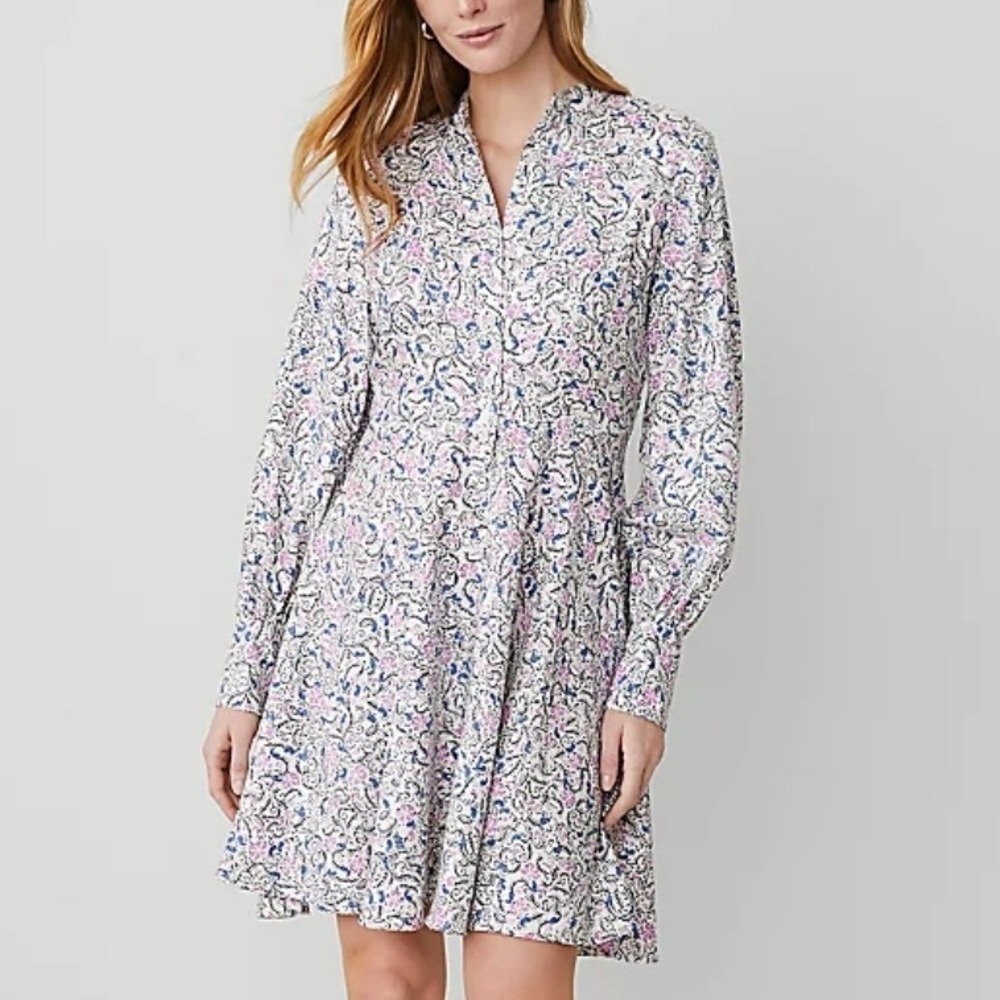 ANN TAYLOR Long‎ Puff Sleeve Linen Blend  FLORAL PRINT BUTTON FRONT DRESS